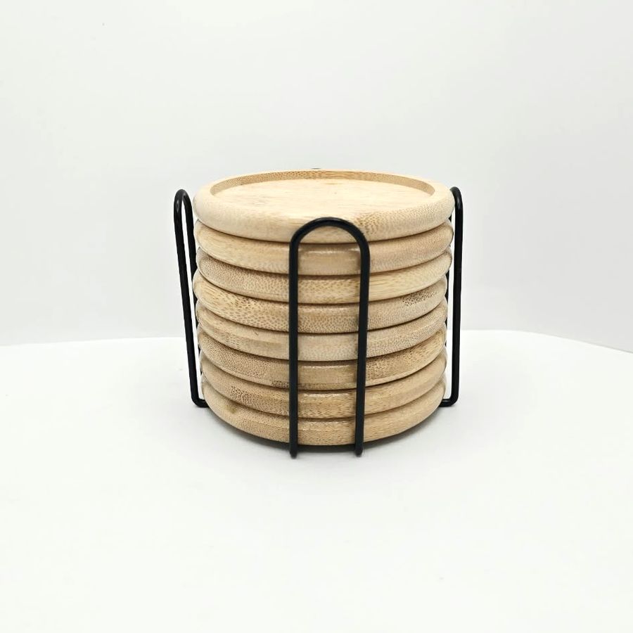My LanZhiYa bamboo coasters stacked in their black metal holder