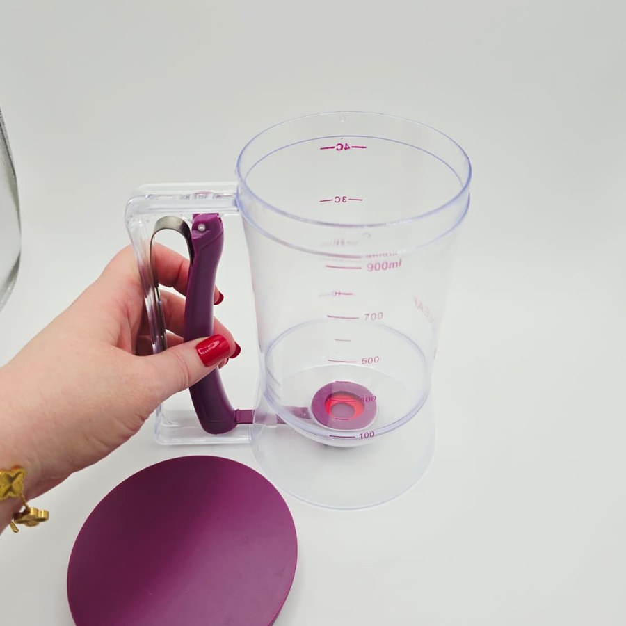 My batter dispenser with the purple lid off, showing the wide opening and the valve at the bottom