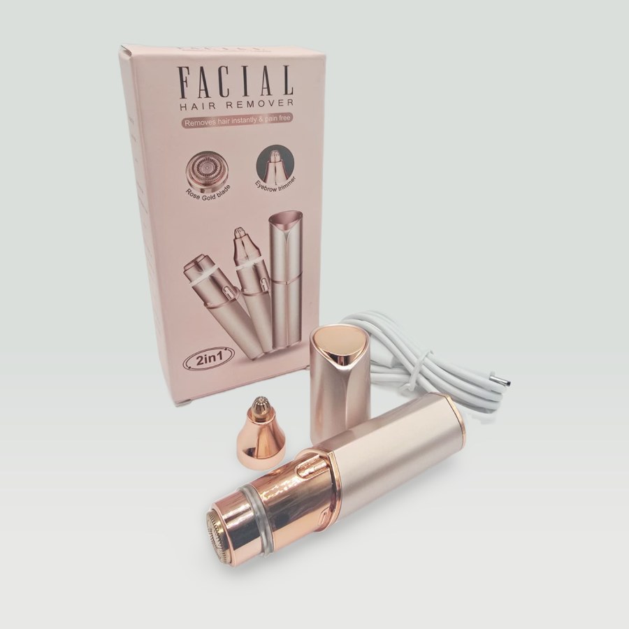 The Evolvique facial hair remover box with the device, the eyebrow head, the cap and the charging cable