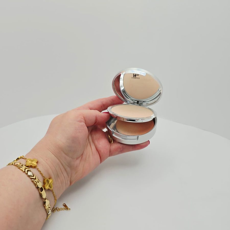 My IT Cosmetics CC+ compact open, with the powder tray lifted