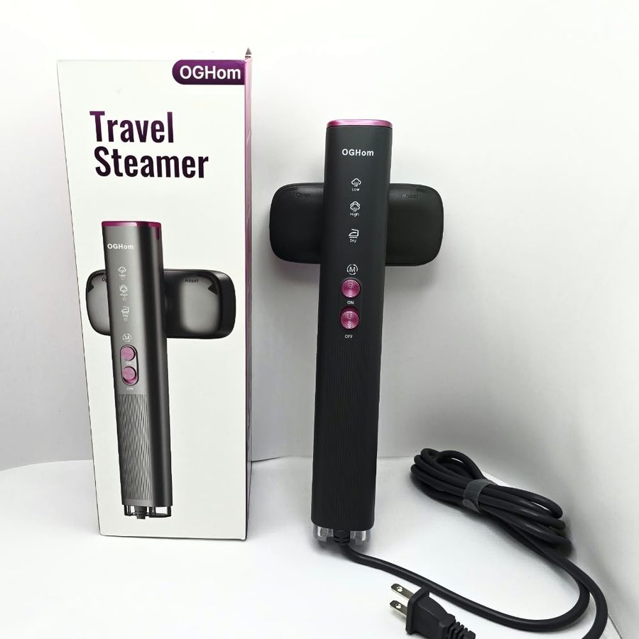 My OGHom travel steamer standing next to its box