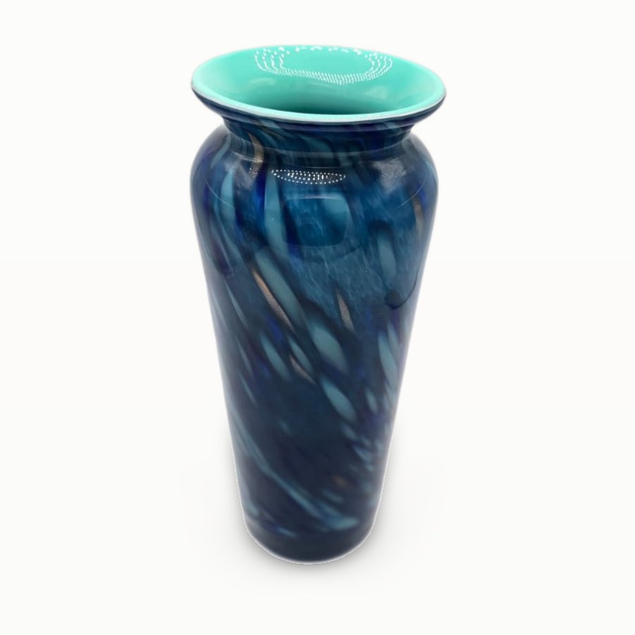 PlivBloom 10 Inch Blue Hand-Blown Glass Vase, Tall Murano-Style Centerpiece