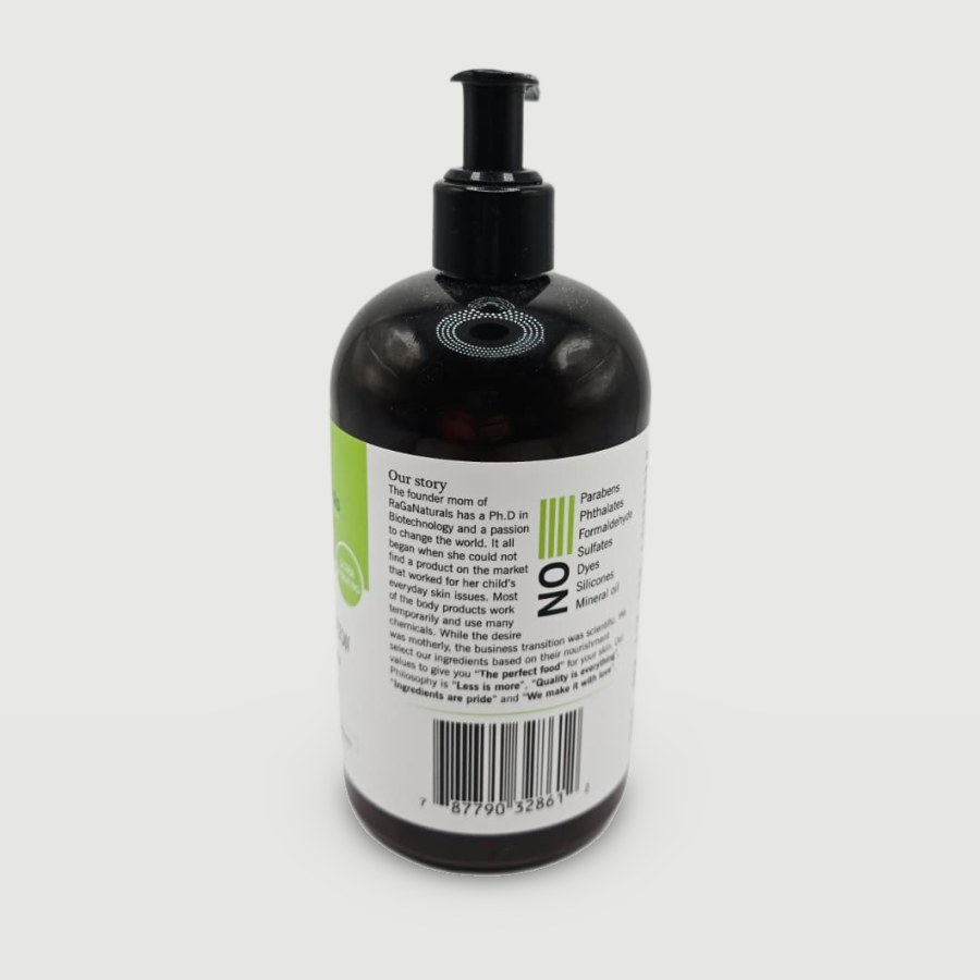 The back label of my RaGaNaturals lotion with the brand story and the list of what it is made without