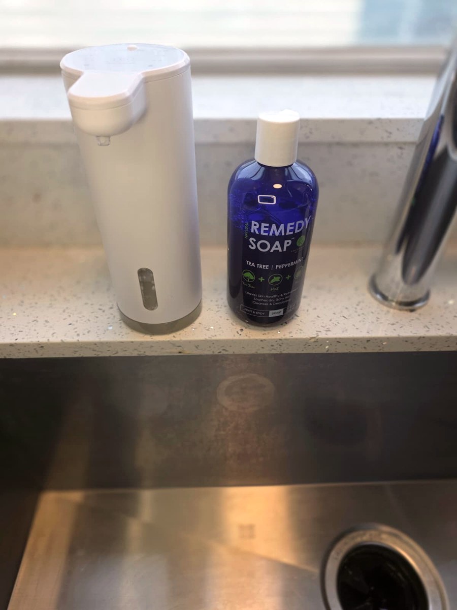 The Seawah dispenser next to the Truremedy Remedy Soap bottle on my counter
