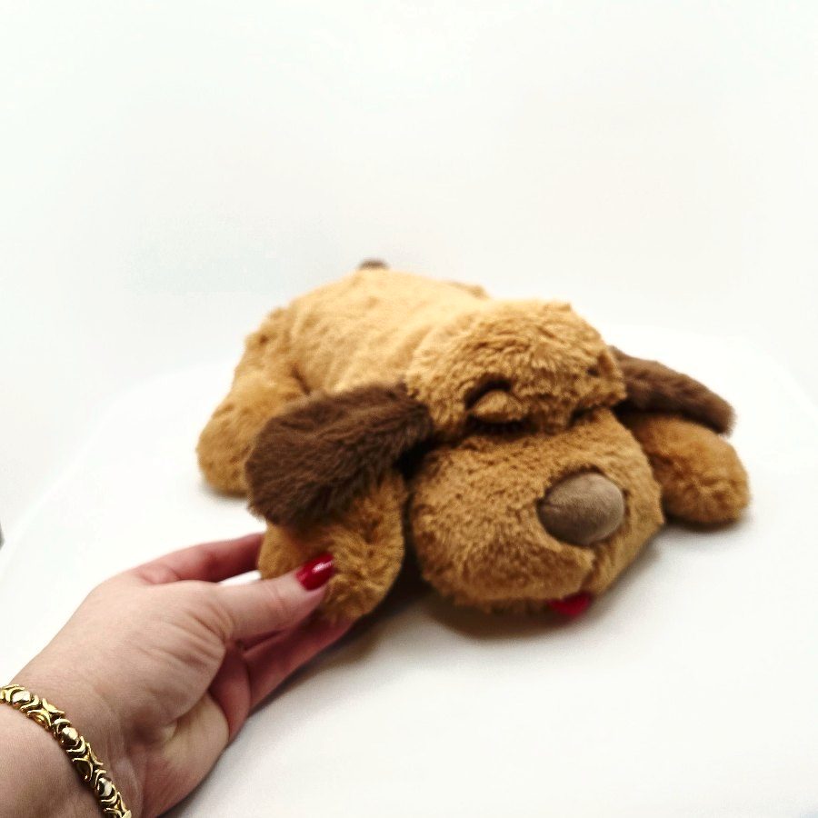 My hand next to the Snuggle Puppy plush to show its size