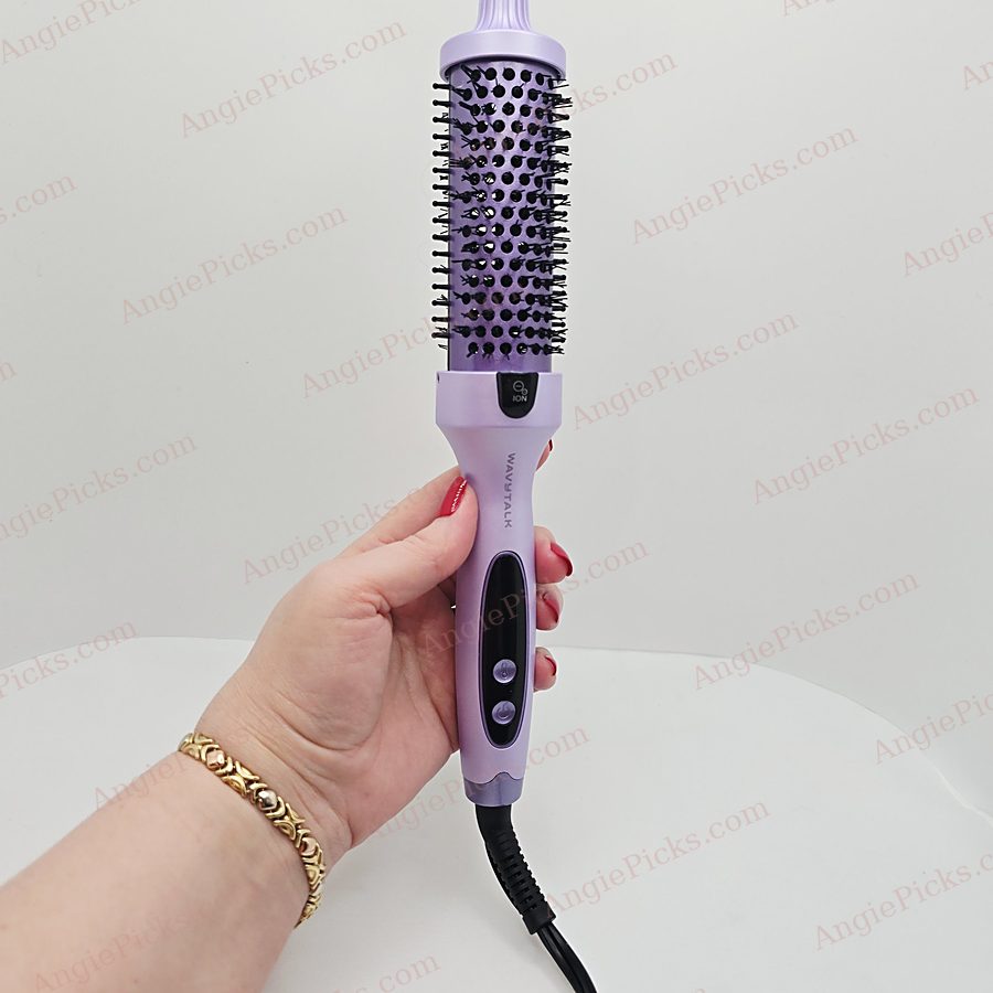 The Wavytalk Blowout Boost thermal brush in my hand, close up