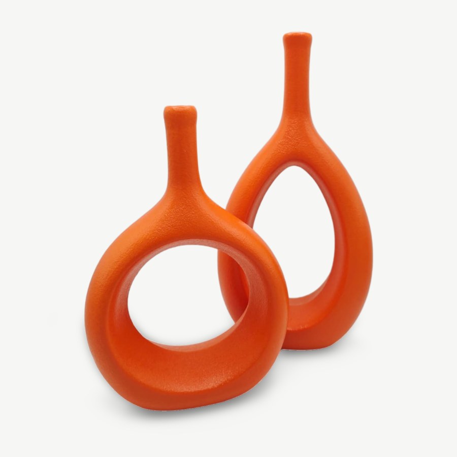 XMGZQ Orange Ceramic Vase Set of 2, 12 and 9.6 Inch, Modern Hollow Circle